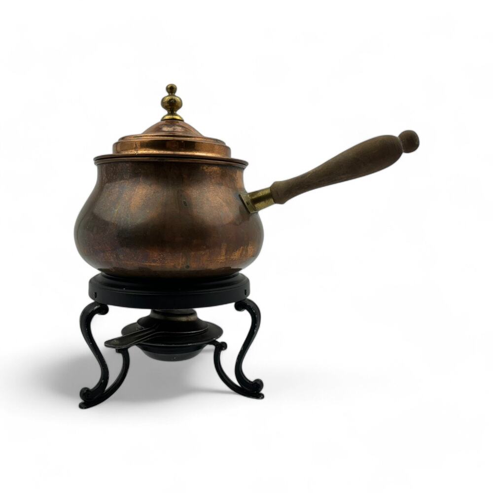 Vintage Copper Fondue Pot with Brass Accents and Stand - Made in Italy